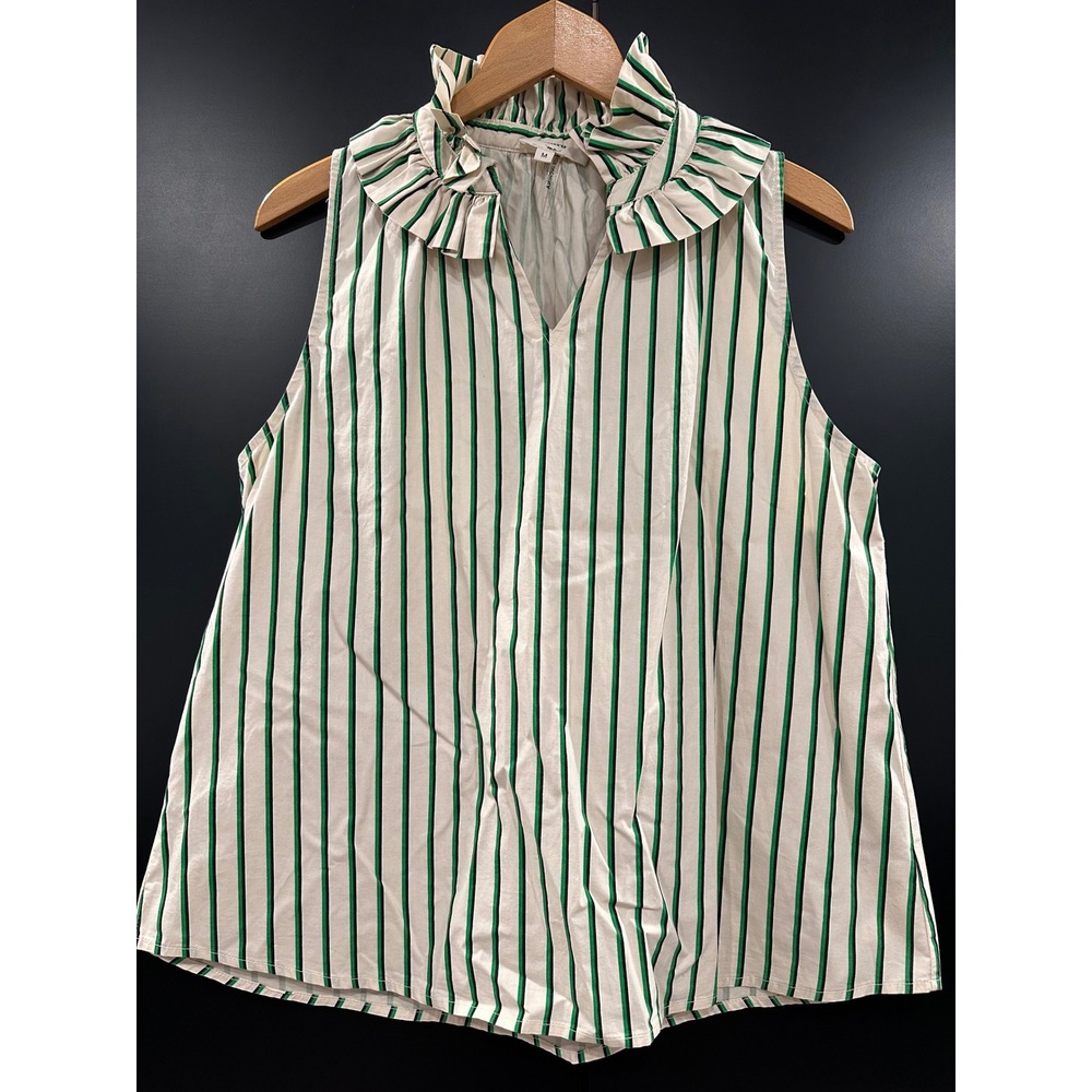 Entro Womens Green White Striped Ruffle Neck Sleeveless Cotton Blouse Medium